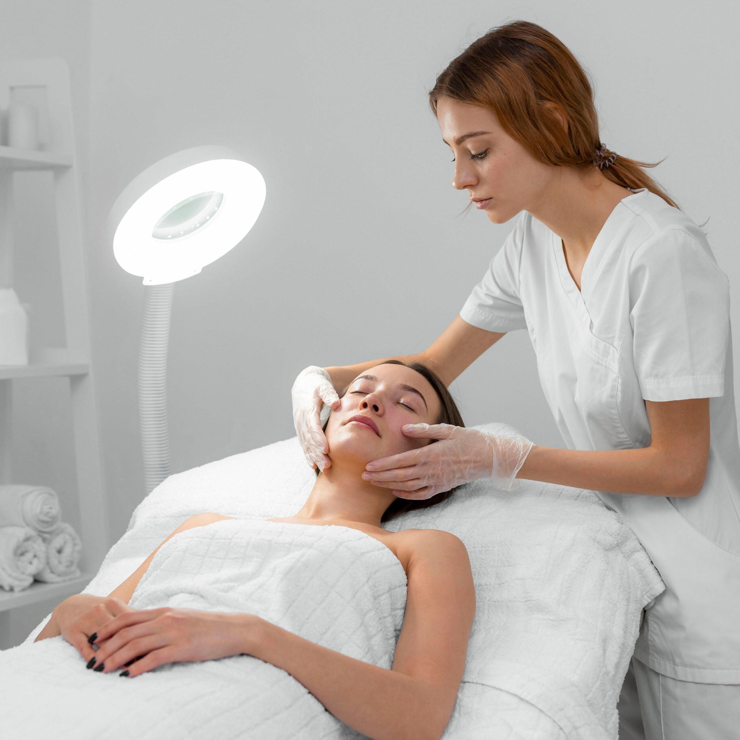 Beautician performing a facial skincare treatment on a female client in a wellness clinic