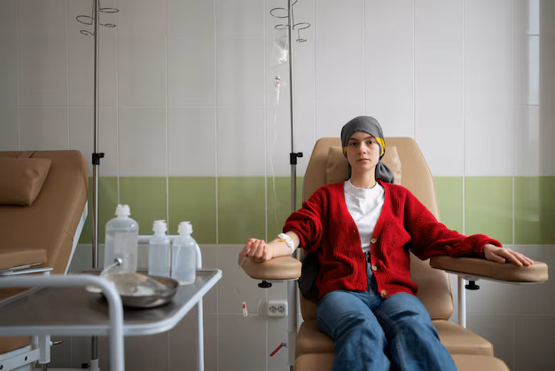 Patient receiving infusion therapy treatment in a healthcare clinic